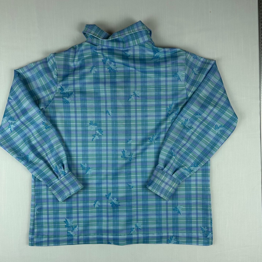 Vintage 70s Blue Green Plaid Leaf Print Snap Button Long Sleeve Shirt - Picture 4 of 7